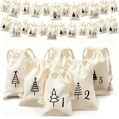 Stoffbeutel Adventskalender, 24 Stück, 10x15 cm, mit Kordel & Klammern