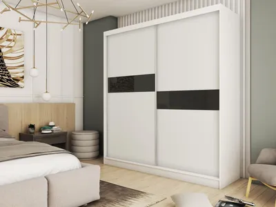 Obrázek produktu pro Moderní Šatní Skříň Bílá s Posuvnými Dveřmi 120 150 180 200 cm - Bílá Matná Šatní Skříň do Ložnice s Posuvnými Dveřmi - Šatní Tyč - 200 cm - Bílá