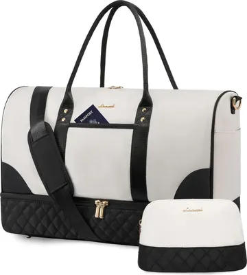 Produktbild von LOVEVOOK Damen Reisetasche Weekender Bag mit Schuh- & Nassfach, 2-er Set, Schwarz & Beige
