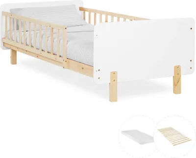 Image de Cadre de lit 90x200 cm avec Matelas Lit enfant Blanc Lit en bois Pin Massif Lit simple Lit à barreaux Sommier à lattes Lit bébé