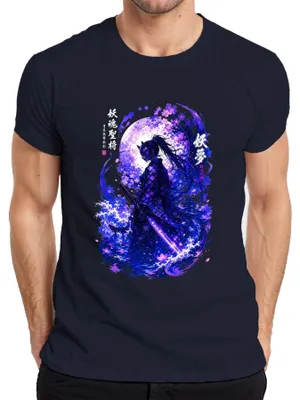Zdjęcie produktu dla Koszulka męska z motywem "Kitsune Samurai Kriegerin Katana Japan Sakura Y2K", kolor granatowy, rozmiar S