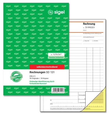 Produktbild von SIGEL SD131 Rechnungen, mit fortlaufender Nummerierung, 1. u. 2. Blatt bedruckt, A5, selbstdurchschreibend, 2 x 50 Blatt