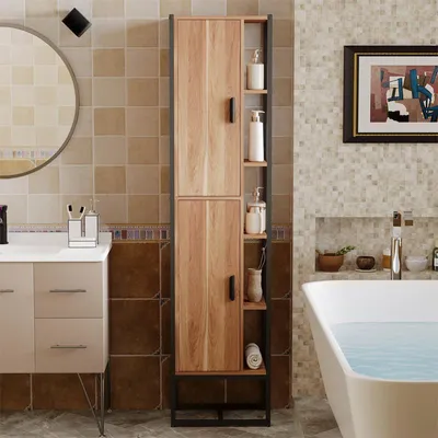 Produktbild von Hoher Badezimmer-Säulenschrank Im Loft-Stil, Industriell, Modern, Hellbraun 178,5Cm