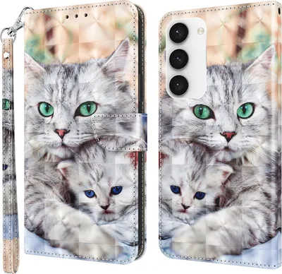 Produktbild von CLM-Tech Hülle kompatibel mit Samsung Galaxy S23 5G - Tasche aus Kunstleder - Klapphülle mit Ständer und Kartenfächern, Katze und Kätzchen