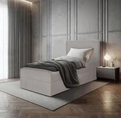 A bedroom scene with a single bed, nightstand, and curtains.