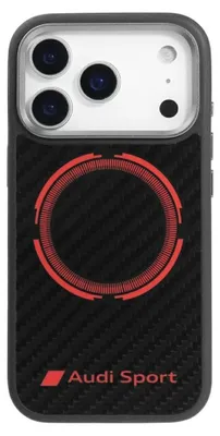 A black iPhone case with a red Audi Sport logo and a circular red design.