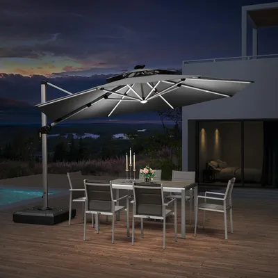 Produktbild von PURPLE LEAF Ampelschirm Sonnenschirm mit LED Solar Beleuchtung 365 cm Marktschirm Groß 360° Rotation, Balkonschirm mit Kurbel Sonnenschutz UV50+, Grau
