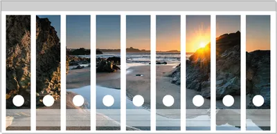 Produktbild von Wallario Ordnerrücken Sticker, selbstklebend für breite Ordner, 9 Stück, Motiv Sonnenuntergang hinter einem Felsen am Strand