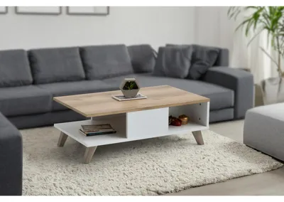 Image de Table basse en bois MDF mélaminé chêne et blanc L 90 cm style scandinave