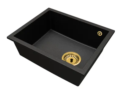 Produktbild von Granit Unterbauspüle Felix – Schwarz gesprenkelt – Goldener Siphon