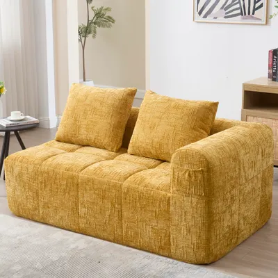 Zdjęcie produktu dla Sofa dwuosobowe, bez konieczności montażu, z miękkimi poduszkami, z kieszeniami bocznymi, w kolorze żółtym, wymiary: 158 x 90 x 60 cm