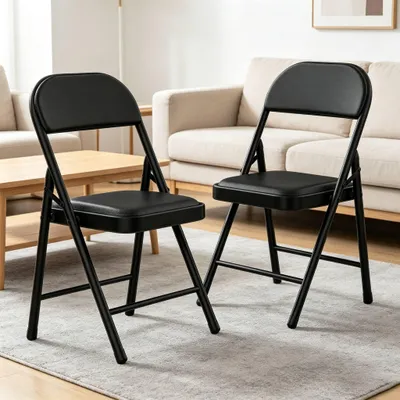 Produktbild von 2er set Gepolstert Klappstühle,aus Kunstleder und Metallrahmen, Konferenzstuhl,Essstühle,Campingstuhl,für Küche Partys Picknicks 40x40x78cm Schwarz