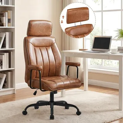 Imagen del producto de Silla de oficina ergonómica, sillón de cuero sintético para ejecutivos con reposacabezas ajustable, silla de escritorio con reposabrazos acolchados y altura regulable, función de inclinación, silla giratoria con ruedas, color marrón