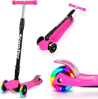 Immagine prodotto di Monopattino per bambini Monopattino pieghevole Monopattino da città Ruote a LED Monopattino a calci Triciclo Monopattino regolabile in altezza Rosa