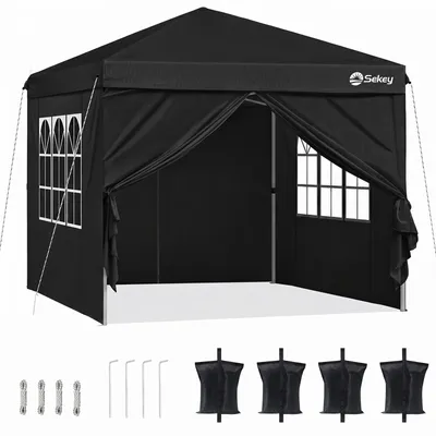 Produktbild von Sekey Faltpavillon 3x3 mit 4 Seitenwänden und mit 4 Sandsäcke, Wasserdicht Pop Up Pavillon für Camping, Festival, Events, Picknicks, Schwarz