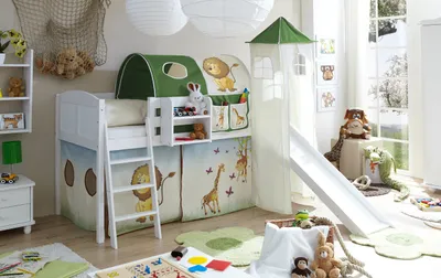 Produktbild von TiCAA Hochbett mit Rutsche Rutschbett mit Turm "Ekki" Country Kiefer Weiß Motiv