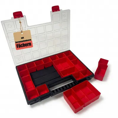 Produktbild von BigDean Sortimentskasten mit Herausnehmbaren Roten Fächern | Ideal für Kleinteile, Werkzeug und Organisation | Kunststoff | 39,9 x 30,3 x 5cm