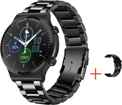 Produktbild von TPFNet Smartwatch mit Edelstahl Armband + Silikon Armband - individuelles Display - Smart Watch Armbanduhr - Social Media - Modell SW20 - Schwarz