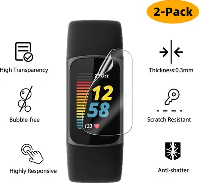 A screen protector is shown being applied to a fitness tracker, with feature callouts around it.