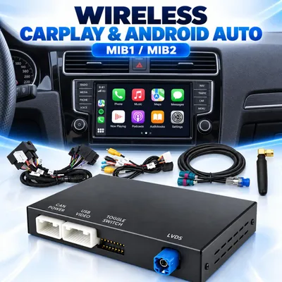 Zdjęcie produktu dla Interfejs bezprzewodowy CarPlay i Android Auto dla VW, Skoda, Seat – kompatybilny z systemami MIB1/MIB2 – umożliwia nawigację, lustrowanie ekranu i obsługę kamery cofania, Obraz wygenerowany przez AI