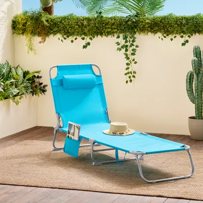 A blue lounge chair is set up on a patio with plants and a cactus in the background.