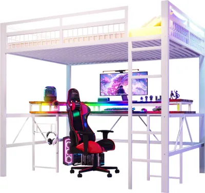 Produktbild von Hochbett mit RGB LED-Streifen, Schreibtisch, Monitorständer, Lattenrost, Rausfallschutz, Steckdosen, USB, Type-C, 140x200cm, Metallbett, Kinderbett