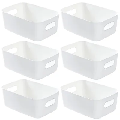 Image de Lot de 6 boîtes de rangement blanches, paniers de rangement en plastique avec poignées, 25 × 17 × 10 cm, organiseur multifonctionnel, idéal pour la cuisine