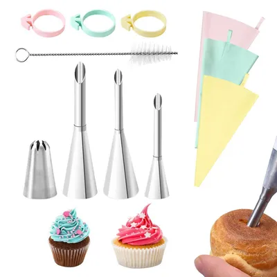 Produktbild von Spritzbeutel Set 11-teilig mit 4 Edelstahl-Tüllen, 3 wiederverwendbare Beutel, Reinigungsbürste für Kuchen & Cupcakes