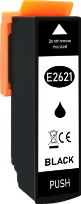 A black ink cartridge with an orange clip, shown against a white background.