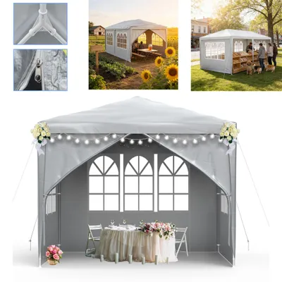 Produktbild von LZQ 3x3m Garten Partyzelt Pavillon Gartenzelt Festzelt UV-Schutz Gartenpavillon Bierzelt mit 4 Abnehmbaren Seitenwänden für Garten Party Hochzeit, Grau