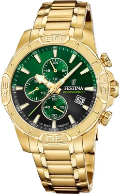 A close-up studio shot of a gold Festina chronograph watch with a green and black dial.