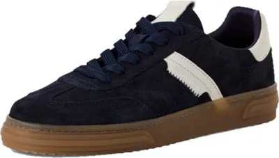 A single blue sneaker with white accents and a brown sole is shown against a white background.