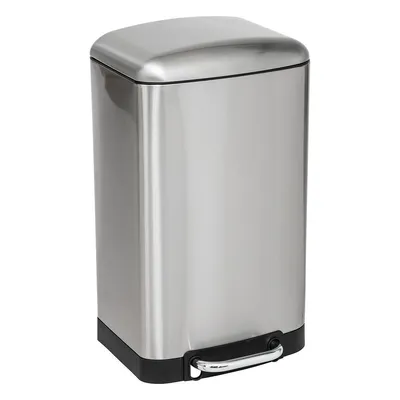 A stainless steel trash can with a black base and a silver pedal.