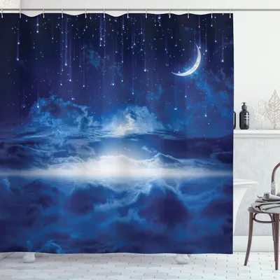 Zdjęcie produktu dla ABAKUHAUS Fantazyjna zasłona prysznicowa, nocne niebo z księżycem, spadającymi gwiazdami, chmurami, horyzontem, tajemnicza sztuka kosmiczna, 175 x 180 cm, granatowo-biała