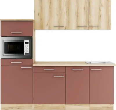 Produktbild von Optifit Küchenzeile mit Geräten Livorno290/Bari407 210 cm wildeiche rostrot matt strukturiert zerlegt Variante reversibel KPLB 2181-9+