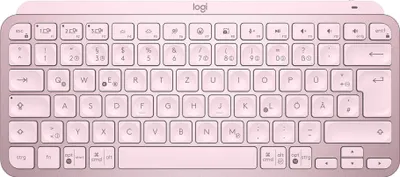 A top-down view of a pink Logitech MX Keys Mini keyboard.