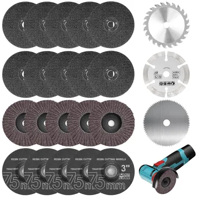 Productafbeelding van Schijven en segmenten set, 23 stuks, 75 mm, voor haakse slijpmachines, met HSS zaagbladen, hardmetalen doorslijpschijf, Ø 10 mm boorgat