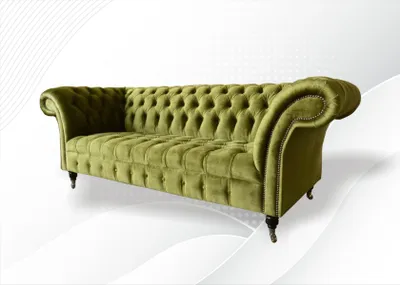 Immagine prodotto di Divano Chesterfield, tre posti, colore verde, design per soggiorno, imbottitura in tessuto
