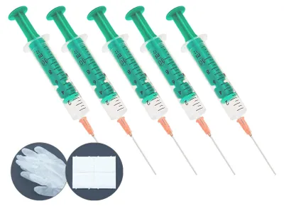 Obrázok produktu pre 5 plniacich striekačiek 10 ml s tupou ihlou, 2x vinylové rukavice a 4x celulózové tampóny pre hobby a domácich majstrov