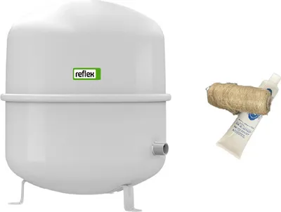 A white pressure expansion vessel with a green and white logo and a roll of hemp string with a tube of sealant next to it, all on a white background.