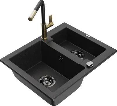 Produktbild von Mexen Carlos 1,5-Becken-Granitspüle mit Mischbatterie Flora, Schwarz/Silbermetallic - 6518-73-670401-57-B