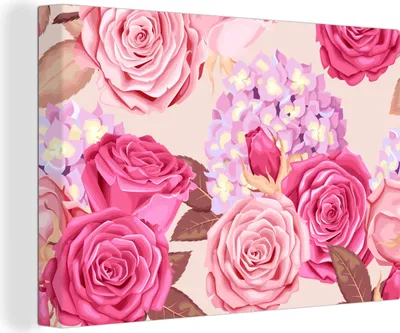 Produktbild von OneMillionCanvasses® - Leinwandbilder - 150x100 cm, Rosen - Hortensien - Blumen - Rosa, Wandbilder Kunstdruck Wanddekoration