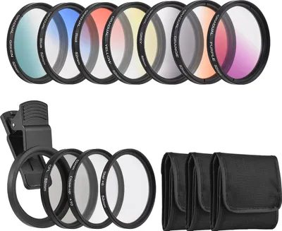 Obrázok produktu pre Sada filtrov pre teleobjektív s priemerom 52 mm obsahujúca 7 filtrov s farebným prechodom + CPL + hviezdicový filter + filter na makro fotografovanie + náhradný upevňovací klip pre iPhone 15/14/13/12/11, pre digitálne zrkadlovky Canon, Nikon a Sony