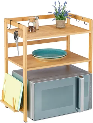 Obrázok produktu pre Magnetický regál – 67 x 61 x 35 cm – Bambus – 2 úrovne – Držiak na dosku na krájanie – 4 háčiky – Kuchynský regál na pracovnú dosku – Prírodný materiál
