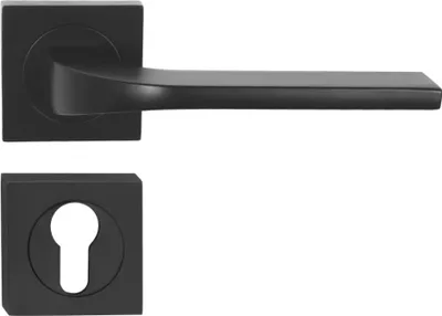 A black door handle set with a square rosette and a keyhole escutcheon, presented against a white background.