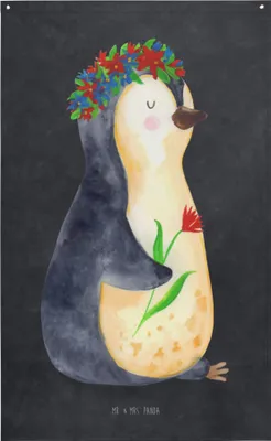 Produktbild von Mr. & Mrs. Panda Tapestry Pinguin Blumen - Kreidetafel - Geschenk, Stoff Wandbild, Wünsche, Blumenkranz, Geschenkidee, Wandteppich, Universum, Gobelin, Wunderschön