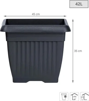 A dark gray square planter with dimensions indicated.