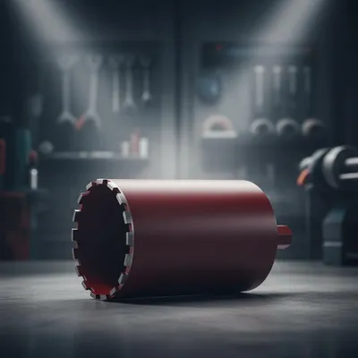 A red drill bit attachment lies on a concrete surface in a workshop setting.