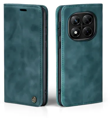 A teal flip-style phone case for a Xiaomi Redmi Note 14 Pro is shown from two angles.