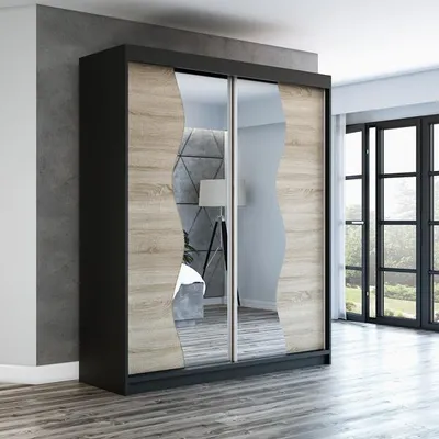 Produktbild von Schwebetürenschrank, 2-türig Schrank mit Spiegel! Moderne Garderobe für Kleidung. Verschiedene Farben (Weiß, Schwarz, Somona) Kleiderschrank RIMA 180 cm
